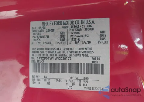 1998 Ford F-150 Lariat/Xl/Xlt из США, поврежденный, VIN 1FTZF07W4WKC20173